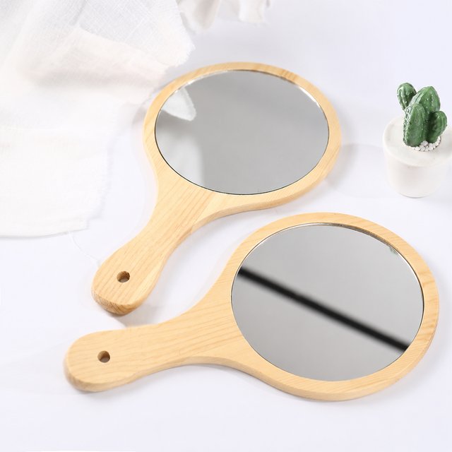 1pc Natural Wood Mirror Wooden Hand Mirror Vintage Portable Compact Makeup Vanity Hand Held with Handle Dressing Table Shaving a