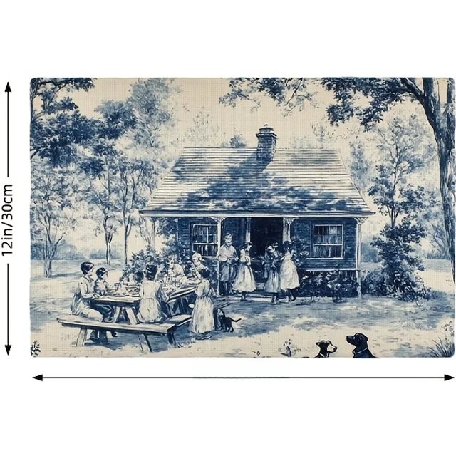 4-Pack Toile de Jouy Dark Blue Placemats, 12x18 Inch, Polyester Knit Fabric, Hand Wash Only, Rectangular Farmhouse Dining Table