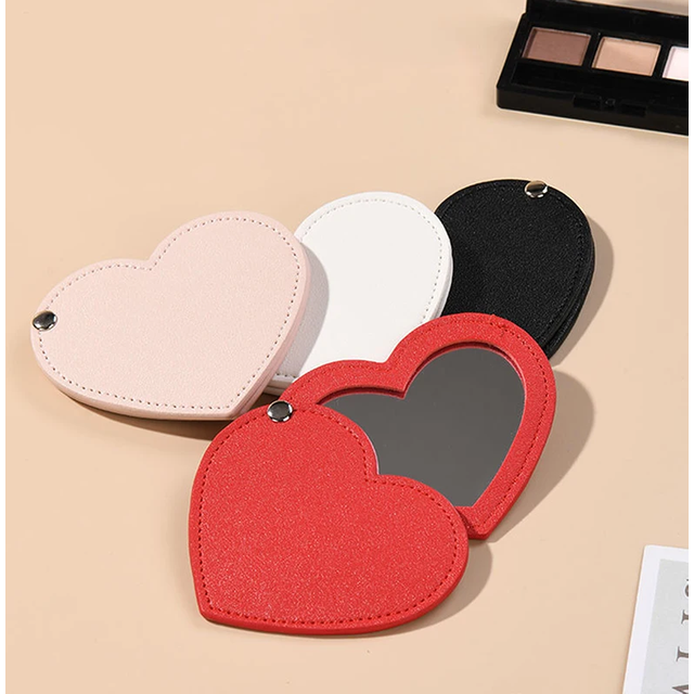 Mini Heart Makeup Mirror Portable PU Cosmetic Mirror Folding Pocket Compact Mirror Travel Accessories