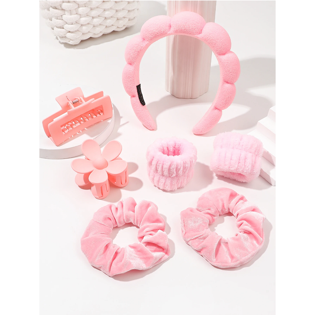7Pcs Fashion Microfiber Washing Wristbands Scrunchies Puffy Headband Spa Bubble Headband for Washing Face Makeup Shower Skincare