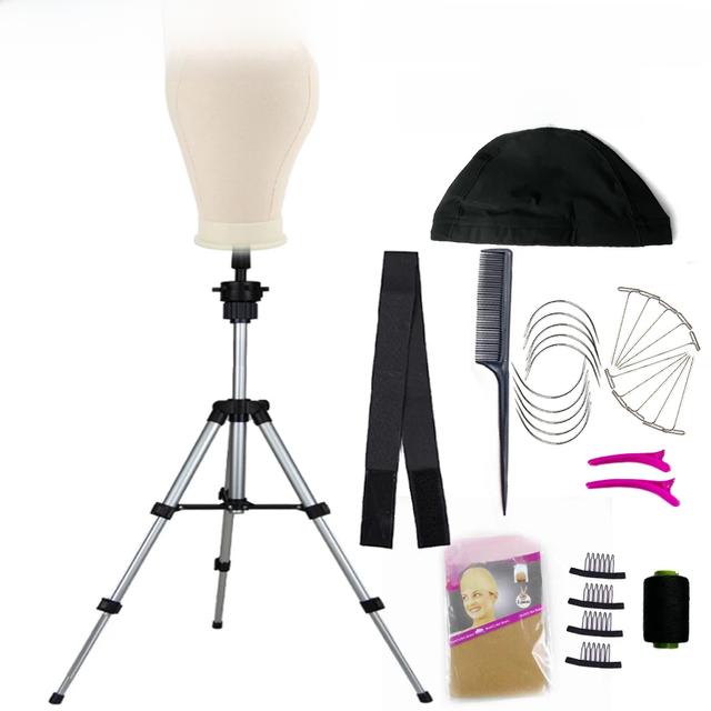 22/23''Training Mannequin Head Canvas Head For Wigs Making Wig Hair Brush With T Pin Wig Install Kit Adjustable Tripod Wig Stand