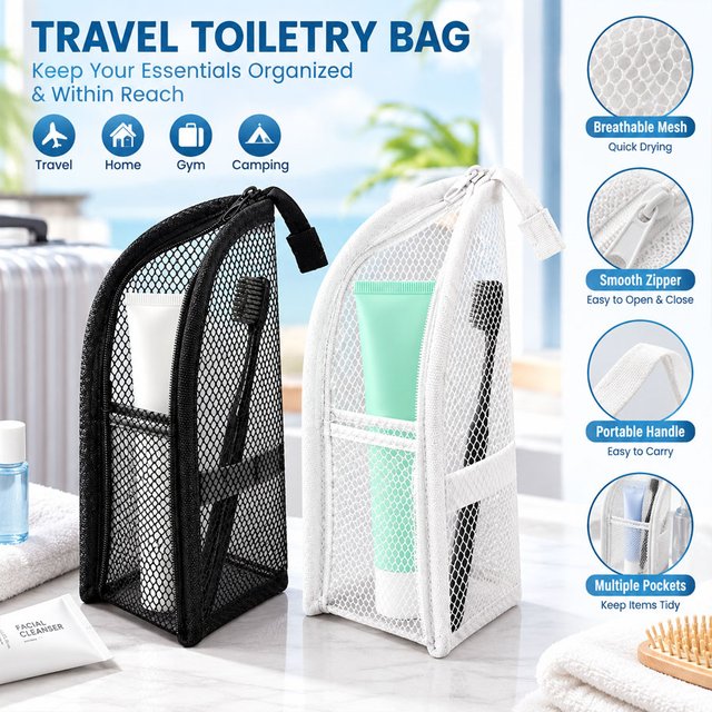 Travel Gym Daily Mesh Toiletry Bag 1PC, Black White Portable Multi-Functional Toothbrush Cosmetic Organizer