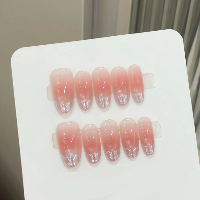 10pcs Handmade Press on Nails Sweet Pink Blush French Cat Eye Fake Nails Wearable Full Cover Pink Peach Cat Eye Fake Nails
