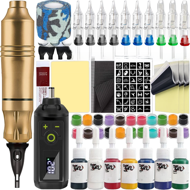 Wireless Tattoo Machine Kit Rotary Tattoo Pen Machine Set with Wireless Power Supply Needles Inks for for Makeup Tattoo Artist