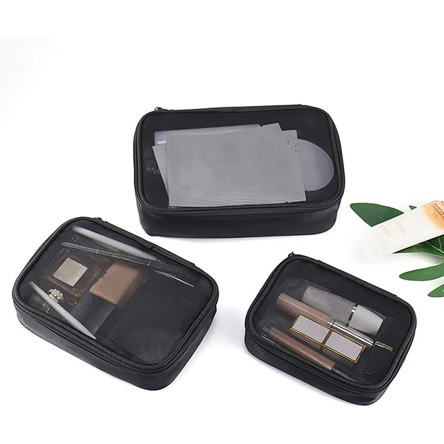 Women Fashion Makeup Bag Women Solid Color Zipper Cosmetic Bag Mesh Transparent Casual Travel Portable Mini Wash Storage Bags