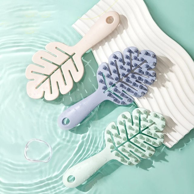 1pc Scalp Massage Comb Silicone Leaf Shaped Shampoo Bath Body Massage Brush Long Handle Salon Brush, Special for Real Hair Wigs