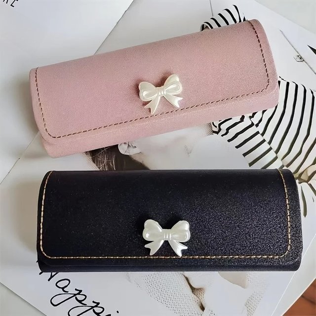 1 Elegant PVC Glasses Case, Easy to Carry, Glasses Storage Box with Bow Details, Hand Washed, Student Black or White