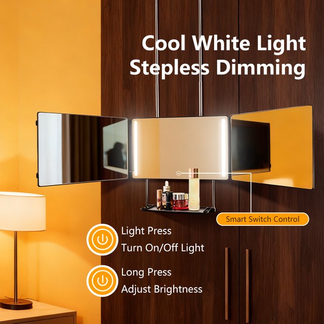 360 Haircut Mirror 3-Way Mirror with LED Lights Hanging Self Hair Cutting Makeup Mirror with Tray Portable Foldable Barber Mirro