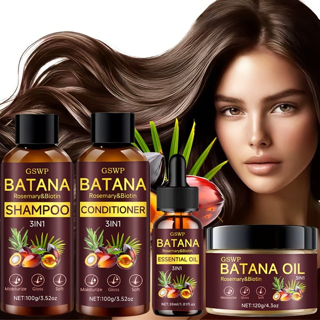 Ensemble de 4 produits GSWP à l'huile de Batana : shampoing, après-shampoing, crème capillaire et huile capillaire. Nettoie en douceur, hydrate en profondeur. 320g+30ml