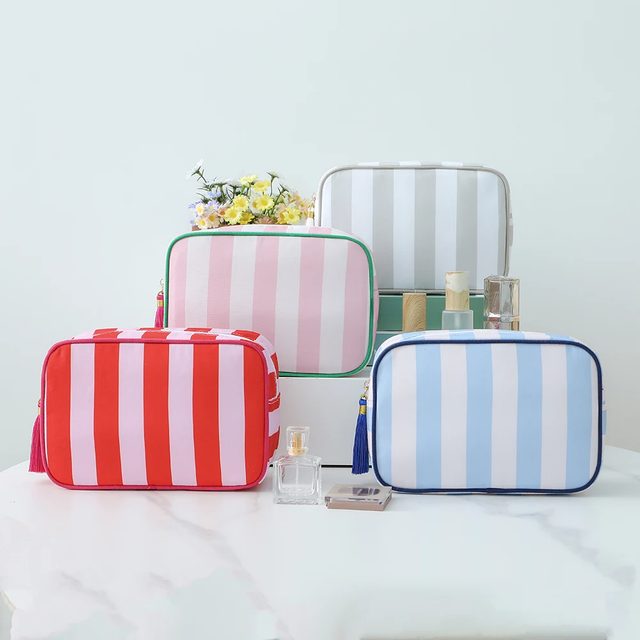 Large Striped Portable Cosmetic Bag for women Tassel Zipper Makeup Bag Large Capacity Storage Pouch Bags