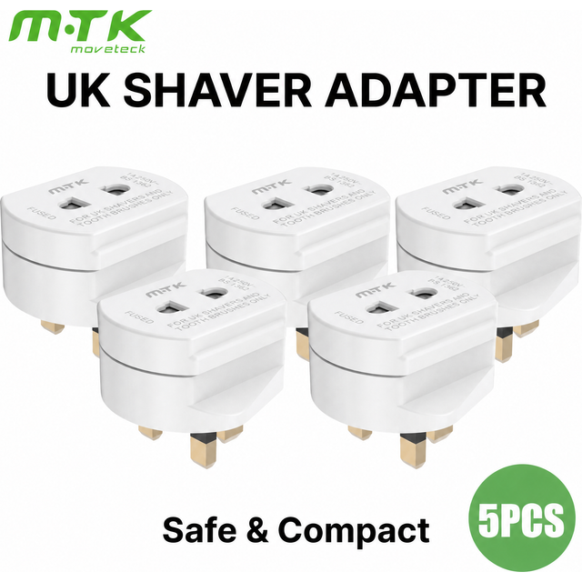 Pack of 5, Shaver Adapter, UK Fused Travel Plug Adaptor 250W Max, DC 5V/1A Output Flame‑Retardant PP Socket Converter for Electric Shavers & Toothbrushes Only.(Poly Bag)