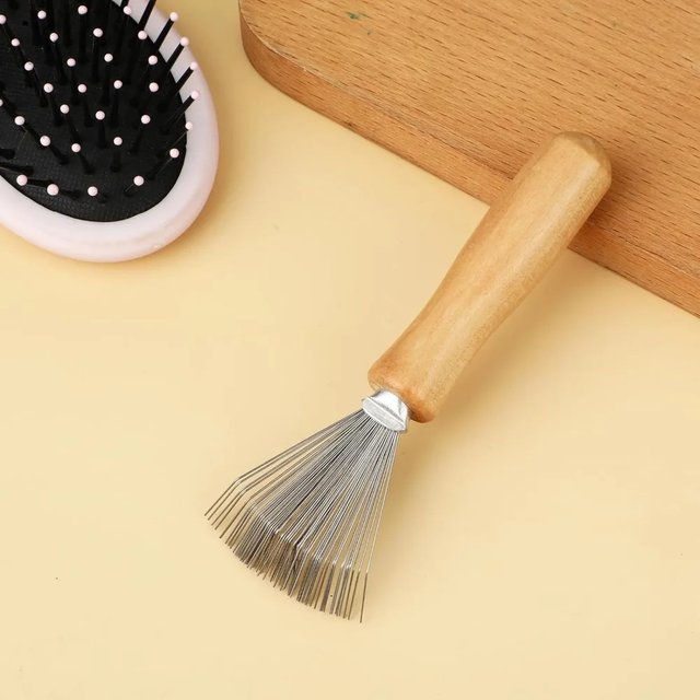 Stainless Steel Bristle Hair Brush Cleaner Tool with Wooden Handle - Fine Hair Remover for Home and Salon Use