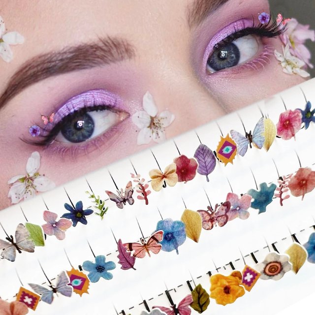 Flower Butterfly Glitter False Eyelashes, 3D Hand Crafted Individual Lashes for Eye Catching Look Wedding Party Cosplay Makeup
