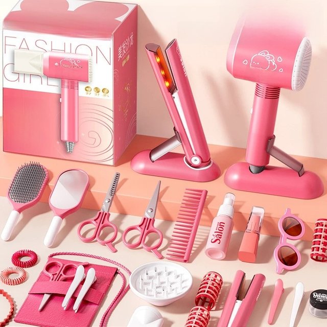 Girls Beauty Salon Set Kids Hair Beauty Makeup Set Simulation Hair Dryer Fashion Styling Tool Pretend Play House Gift Fun Game