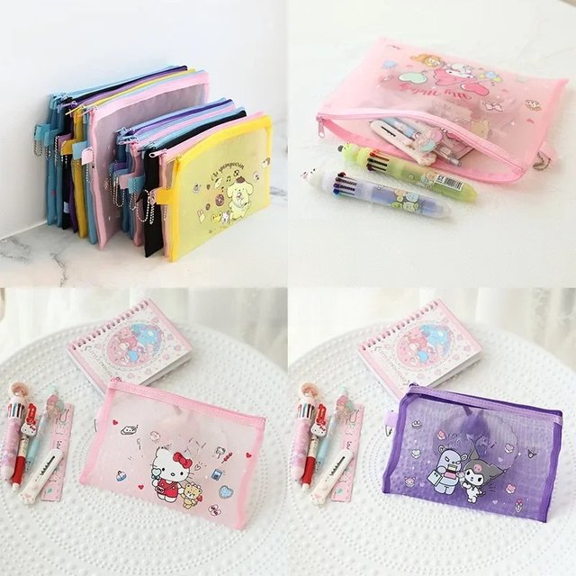 New Sanrio Hello Kitty Storage Bag Fashion Creative Mesh Zipper Transparent Zipper Bag Ladies Portable Cosmetic Bag Pencil Case