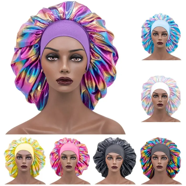 Women Large Sleeping Cap Laser Color Satin Elastic Bonnet Silky Bonnets Muslim Hijabs Lady Shower Cap Beauty Hair Care Cap