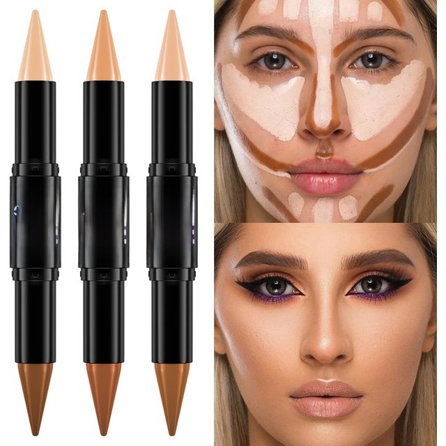 1PC Contour Stick Duo, Double-Eneed Highlight and Shadow Cream Waterproof Full Coverage Face Foundation Concealer Pen Long Lasti