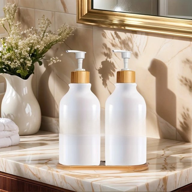 Soap Dispenser Bottle with Trays, Bamboo Lid Soap Bottle with Anti-Rust Pump, Hand Dish Soap Dispenser for Kitchen, Shampoo