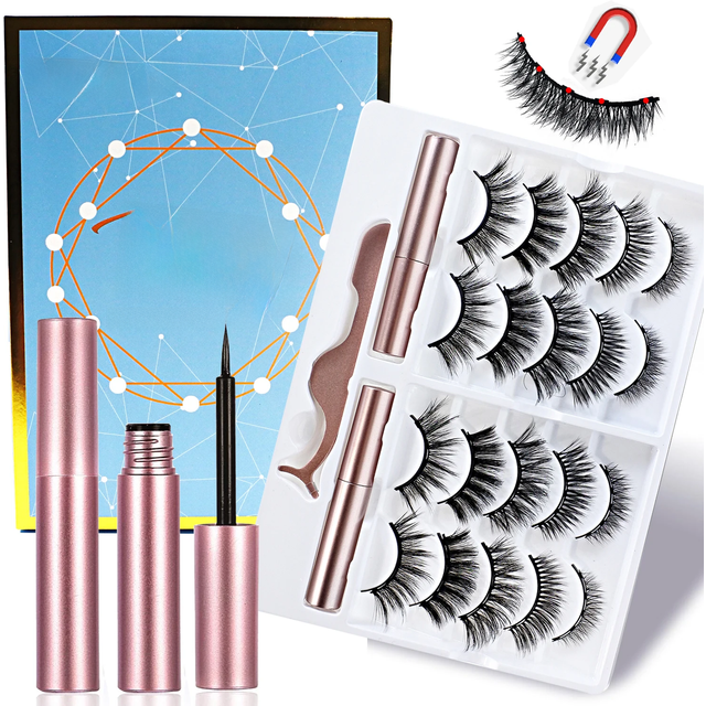 Magnetic Lashes Kit with Applicator Reusable 5 Magnets False Eyelashes Makeup Natual Effect Magnetic Eyelashes with Eyeliner