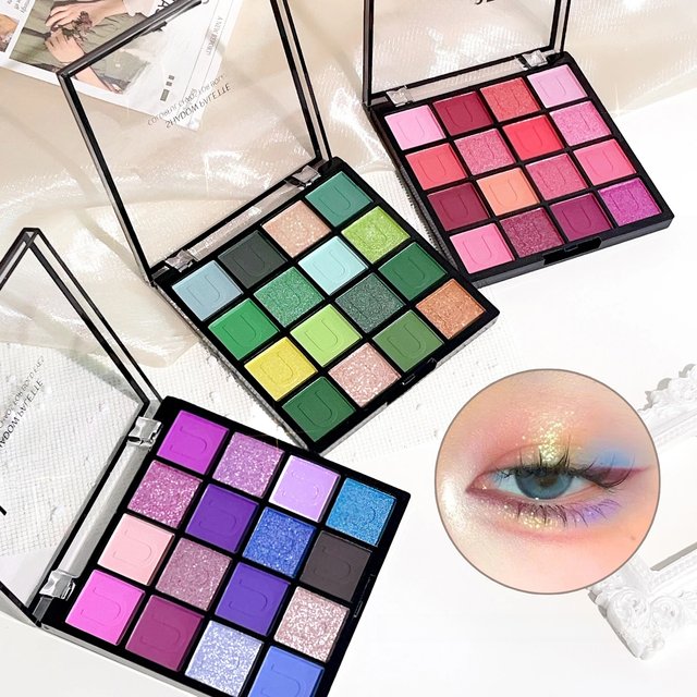16-Color Eyeshadow Palette: Koi, Mermaid, Enchanted Forest, with pearlescent, matte, and fine shimmer finishes.