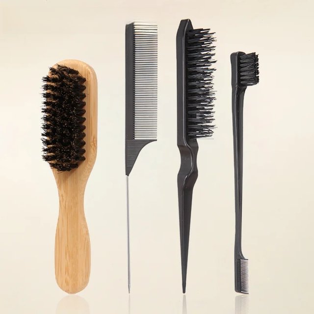 1/3/4pcs Boar Bristle Hair Brush Set Wooden Edge Control Teasing Brush with Rat Tail Smooth Oil Combs Curly Hair Styling Tools