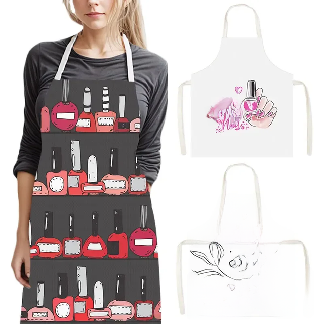 Nail Polish Print Aprons for Nail Salon Studio Women Pinafore Manicure Household Cleaning Clothing Chef Kitchen Cooking Aprons