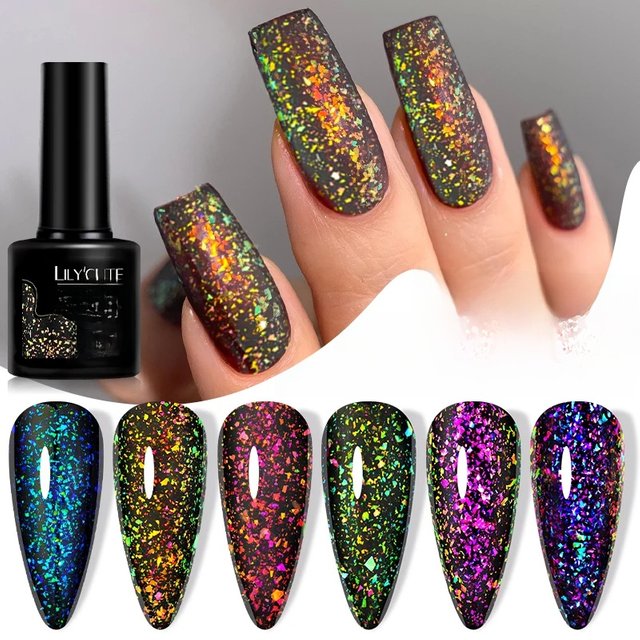 LILYCUTE 7ml 2 IN 1 Flakes Glitter Top Coat Gel Nail Polish Semi Permanent UV Gel Sparking Auroras No Wipe Top Nail Art Vernis