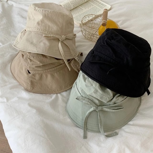 Casual Fisherman Hat Windbreak Rope Sunscreen Hat Solid Color Summer Outdoor Sunshade Basin Hat Lace-up Thin Tie Bucket Cap