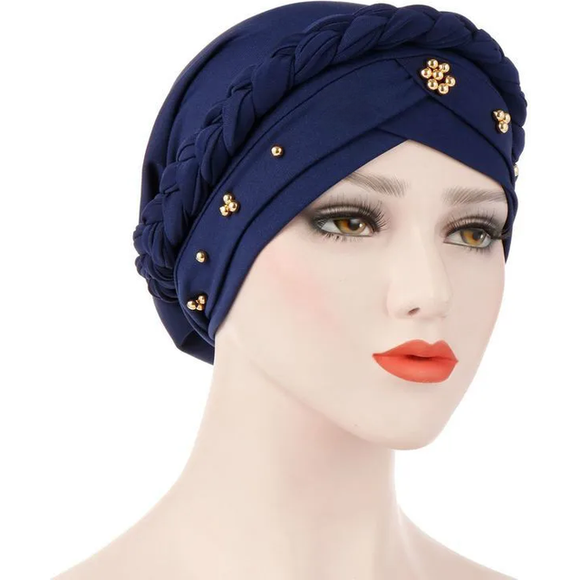 KepaHoo Women Hair Care Islamic Jersey Head Scarf Milk Silk Muslim Hijab Beads Braid Wrap Stretch Turban Hat Chemo Cap Head Wrap