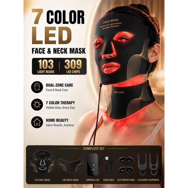 LED Face Mask Red Light Therapy Face Mask Face & Neck 7 Color Light Therapy 309 LED Chips Silicone Skin Care Beauty Device