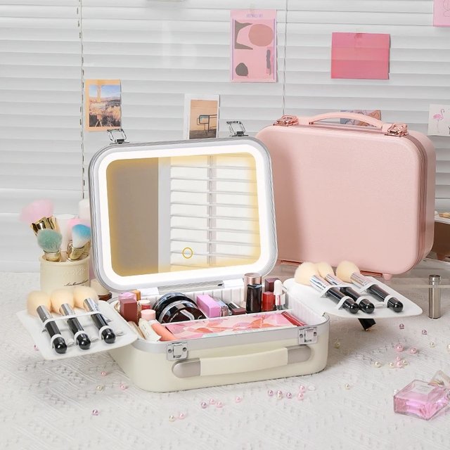 Portable Makeup Organizer Box with LED Light & Mirror – Travel-Friendly Cosmetic Train Case for Brushes box