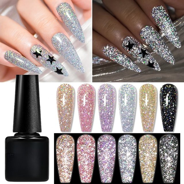 7ml Glitter Reflective Gel Nail Polish Sparkling Soak Off UV LED Gold Silver Black Pink Gel Polish Starter Kit For Home Salon