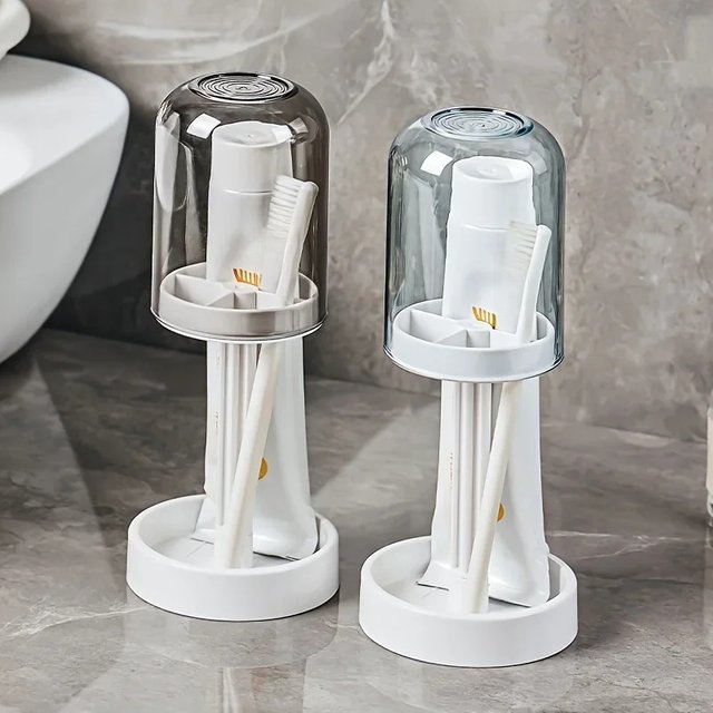 Toothbrush Holder with Dust Cover, Drainage Design, Plastic Multifunctional Bathroom Toothbrush and Cup Organizer
