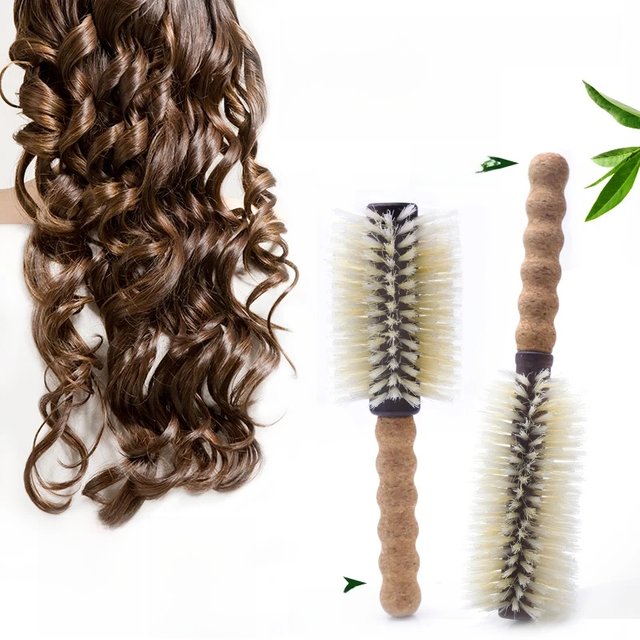1PC Women Boar Bristle Round Hair Brush Cork Handle Barrel Curling Styling Comb Anti-Static Wood Handle Hairdressing Tool
