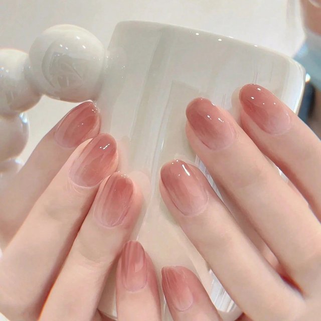 Use Press On Nails 24 Short Water Drop Press On Nail Gradient Blush Nude Japanese Style Nail Set with 1 Piece Jelly and 1 Piece