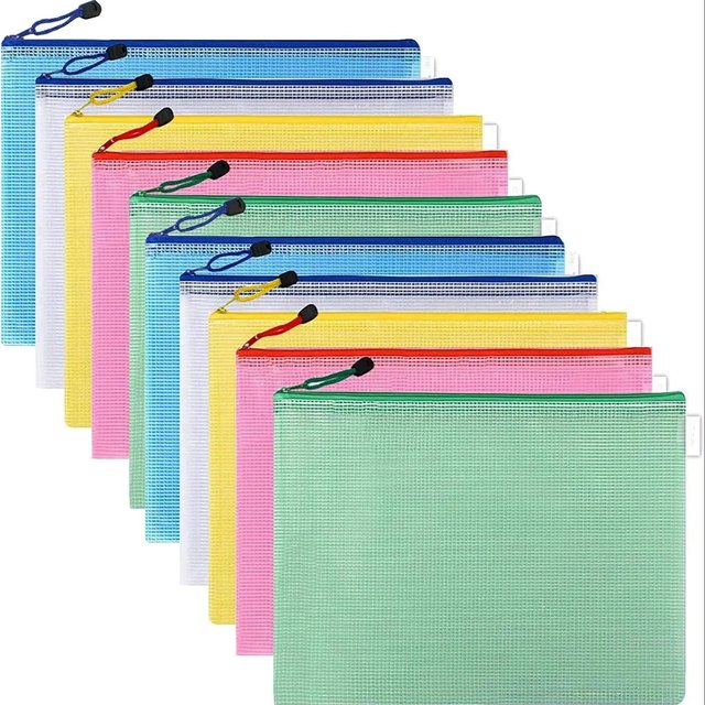 10pcs A5/A6 Mesh Zipper File Bag, 5 colors, waterproof plastic file Bag for organizing school and office supplies Cosmetic Bag