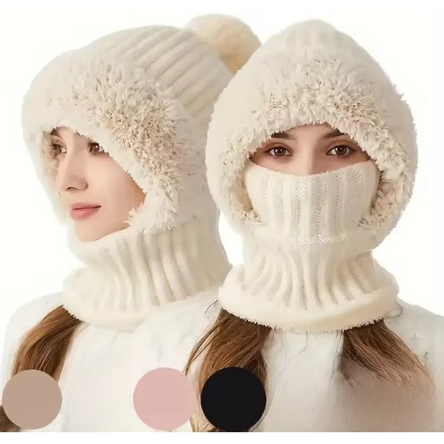 Winter Warm Balaclava Hat Thermal Knitting Plush Face Mask Hooded Neck Warmer for Outdoor Hike Cycling Cold-proof Cap