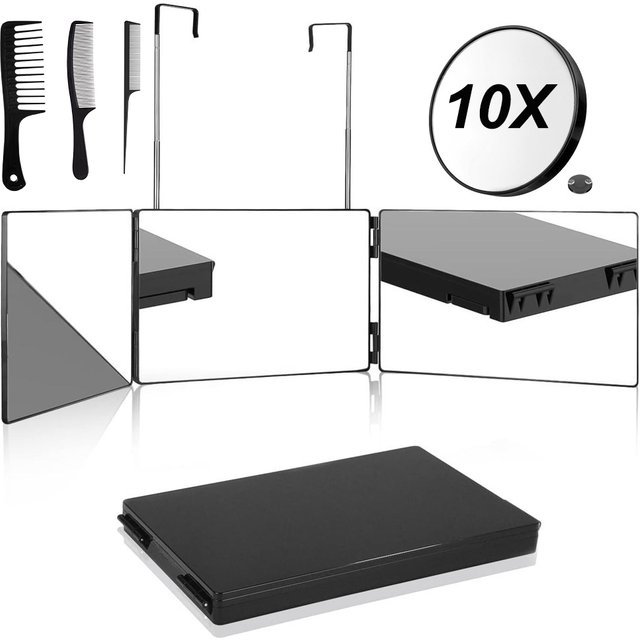 3 Way Compact Mirror for Self Hair Cutting Portable Trifold Cosmetic Mirror Makeup Vanity Mirror for men and Women Folding Black