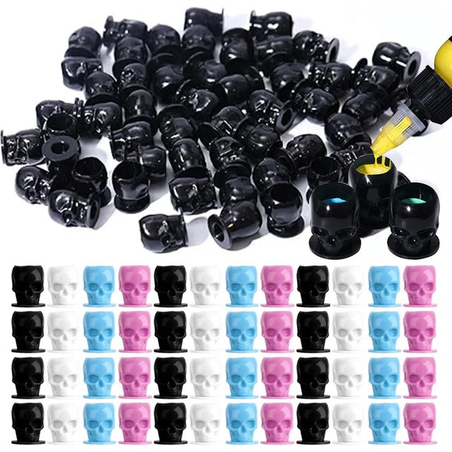 200/100/50PCS Disposable Tattoo Ink Cups Skull Tattoo Ink Cups Permanent Makeup Pigment Holder Container Tattoo Caps Accessories