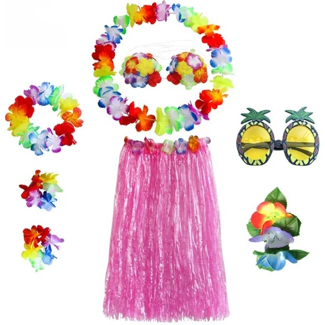 Party Beach Hawaiian Hula Dancing Costume 8-piece Makeup Ball Wreath Headdress New Cloth Parties Flower Garland Grass Skirt