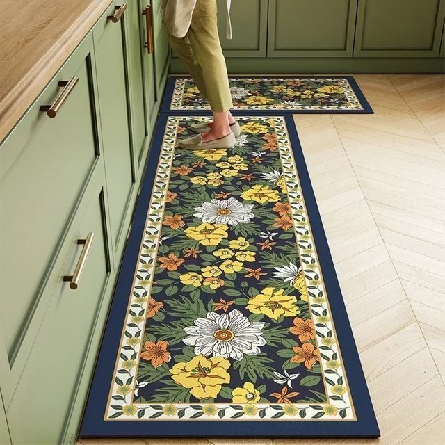 Kitchen Carpet PVC Leather Waterproof Floor Mat Non-slip Oil Proof Foot Mats Long Rug Spring Green Flower Home Decoration Rugs