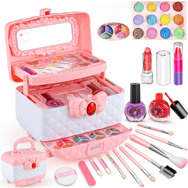 Kids Makeup Toy Kit for Girls, Washable Makeup Set Toy with Real Cosmetic Case for Little Girl, Pretend Play Makeup Beauty Set B