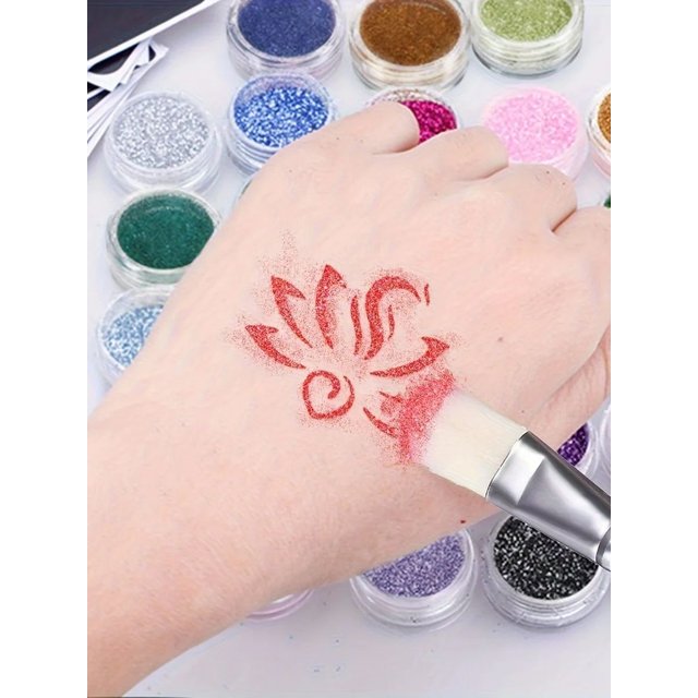 24-Color Glitter Temporary Body Makeup Set with 2 Bottles of Glue And 3 Templates for Stage And Halloween Glitter Makeup