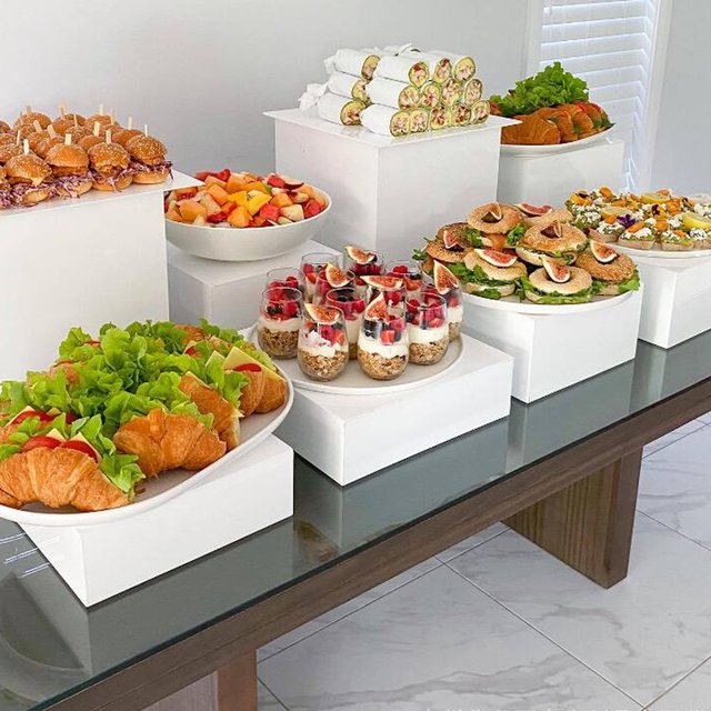 8Pcs Acrylic Display Riser Box with Hollow bottoms Nesting Riser Stands for Action Figures Cake Cosmetics Dessert Jewelry