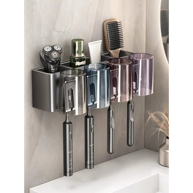 Multi-Function Toothbrush Cup Holder Punch-Free Toothpaste Holder Wall-Mounted Bathroom Storage Box Mouthwash Cup Holder