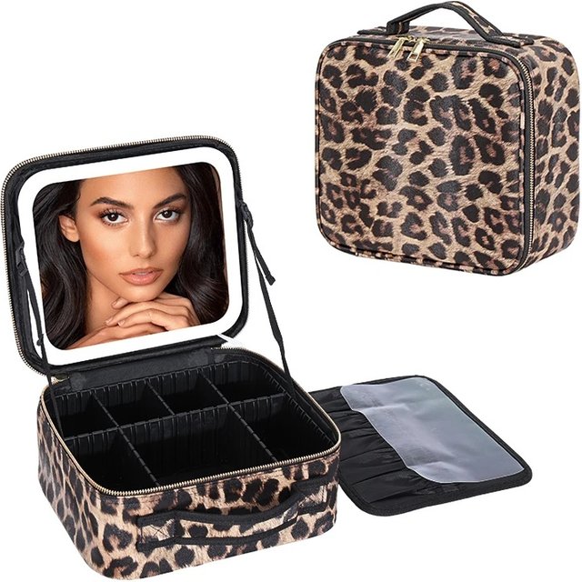Professional Cosmetic Travel Makeup Case with Artist Bag, Large Lighted Mirror Cosmetic Bag,leopard color