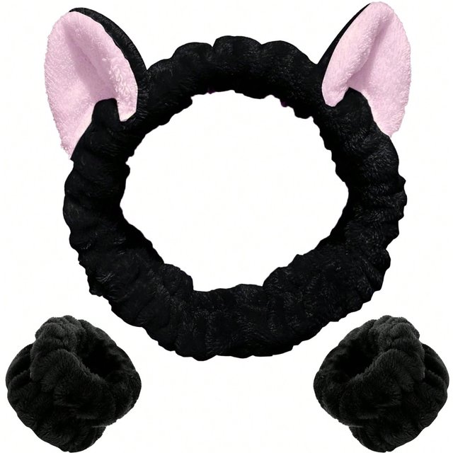 3-piece cat ear face-washing headband and wrist hair tie set, water-repellent plush hairband for makeup