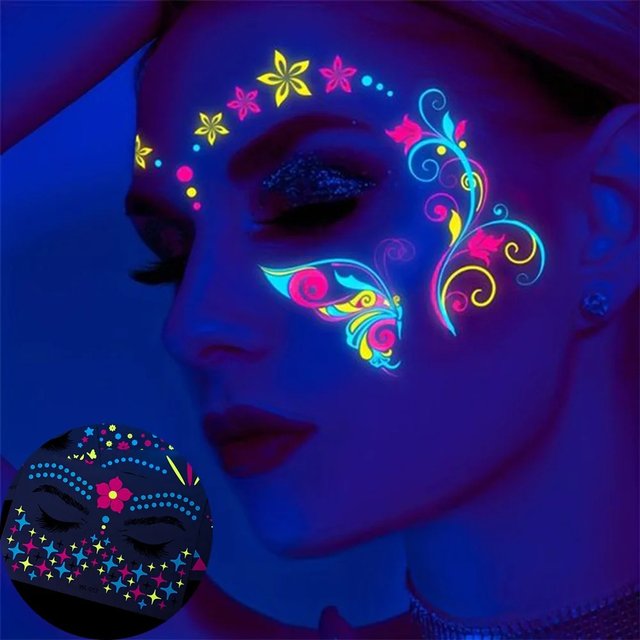 1Pc UV Neon Butterfly Flower Face Tattoo Stickers 14*15cm Waterproof Fluorescent Body Sticker for Club Party Makeup Face Sticker