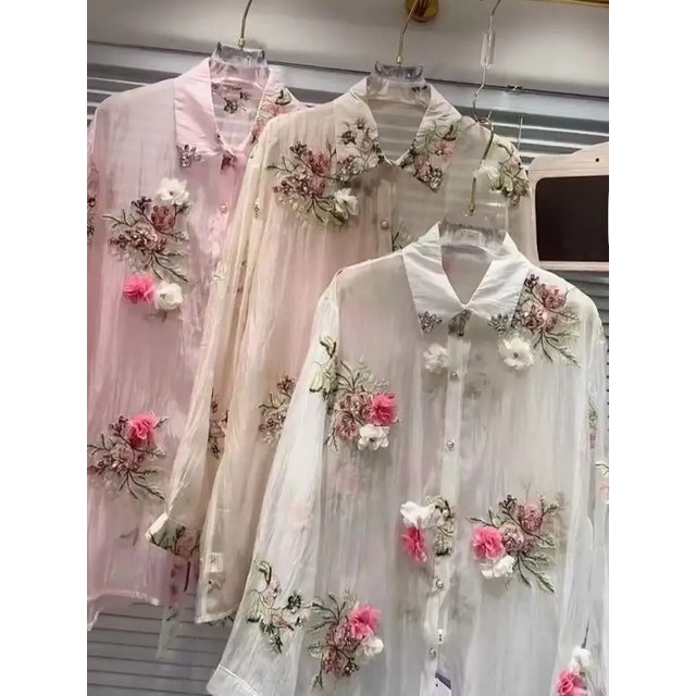 Luxury Design Summer Sparkle Diamonds Flowers Embroidery Party Shirts Blouses Women's Lightweight Sunscreen Top Woman Clothes