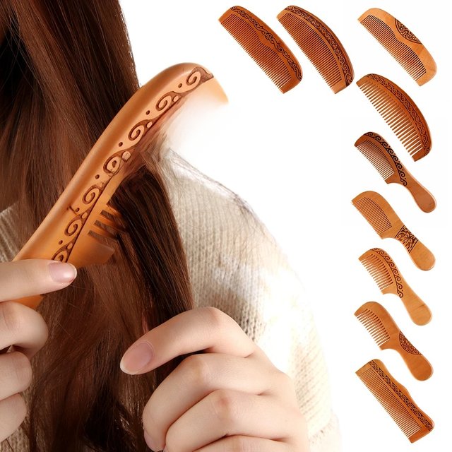 1PC Natural Peach Wood Handcrafted Fine Tooth Comb Anti-Static Head Massage Hairbrush Classic Comb Hair Styling Hair Care Tool